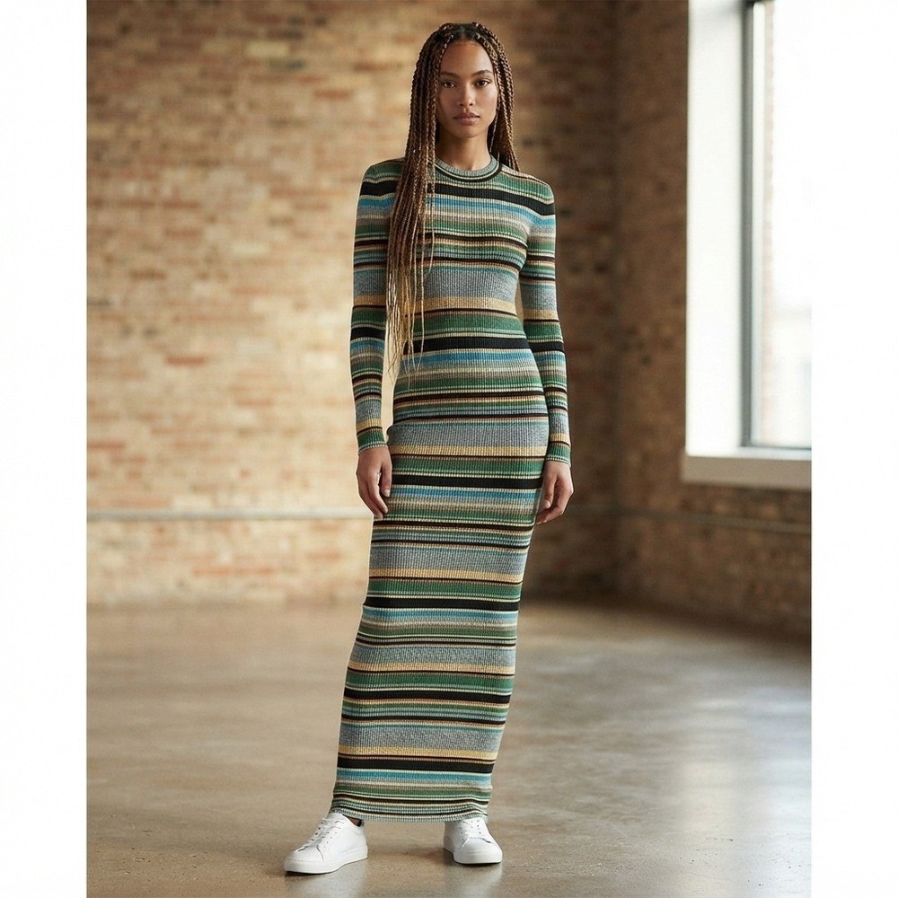 ROnNy caMaxi Dress Women S Multi-Color Excellent Ribbed Knit Striped Long Sleeve